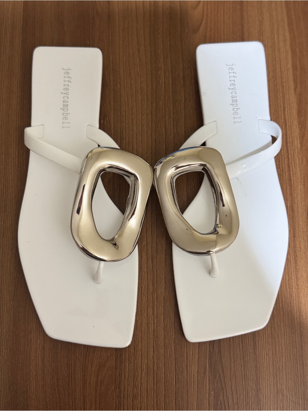 Jeffrey Campbell White Sandal with Gold Sculptural Buckle